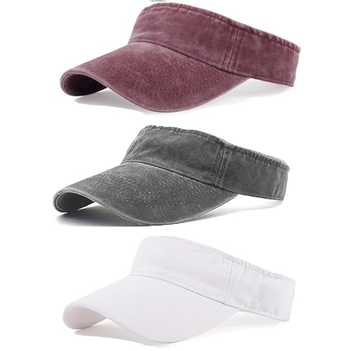 3 Pack Sun Visors for Women Men Cooling Lightweight Sports Sun Hats Adjustable Twill Cotton Run Visor - color: White+darkgray+winered, size: One Size