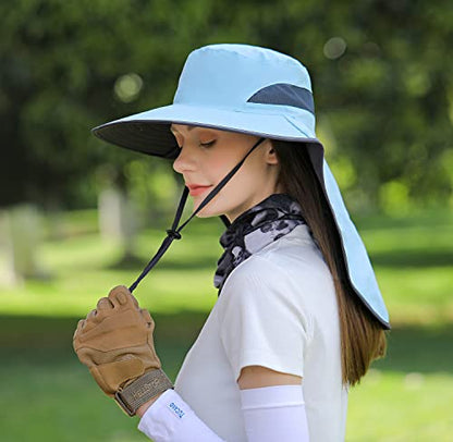 HUAMULAN Women Men Wide Brim Sun Hat Hiking Fishing Hats with Neck Flap - color: Hyp011-blue