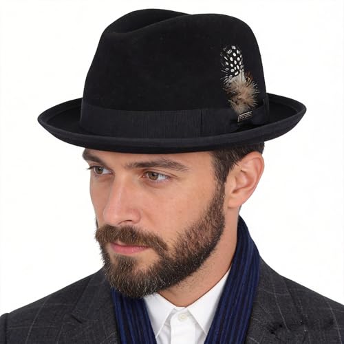 FORBUSITE Wool Felt Wide Brim Fedora Hats for Women Men - color: B5070-lm-black, size: Medium