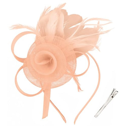 AMCAMI Fascinators Hats with Feather for Women 2026 Derby Hats Small Tea Party Hat with Headband - color: Champagne-3