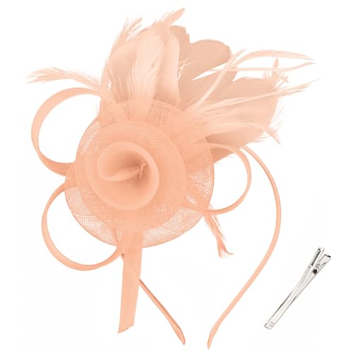 AMCAMI Fascinators Hats with Feather for Women 2026 Derby Hats Small Tea Party Hat with Headband - color: Champagne-3