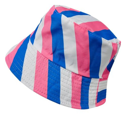 Pride Unisex Bucket Hat Reversible Double-Side-Wear Packable for Travel, Outdoors, and Beach - color: Pink/Blue/White Stripes