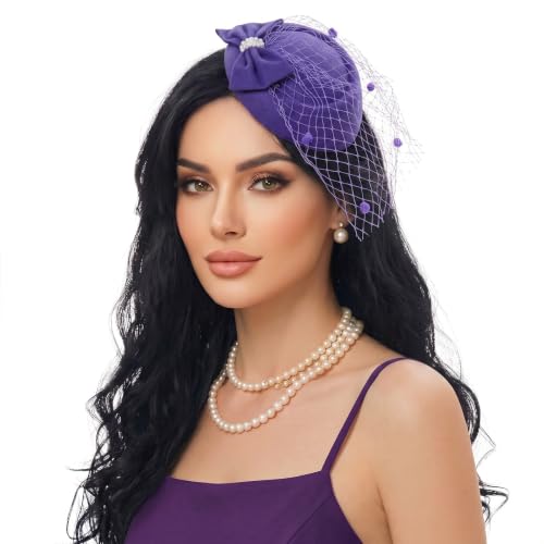Fascinator Hat for Women Veil Fascinators Tea Party Wedding Retro Pillbox Hats for Cocktail Dresses Accessories - color: Purple