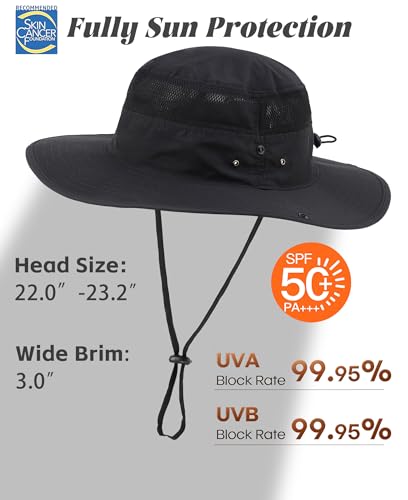 Connectyle UPF 50+ Wide Brim Sun Hat for Men Breathable Cowboy Boonie Hats Outdoor Bucket Hat for Fishing Hiking Safari - color: Black