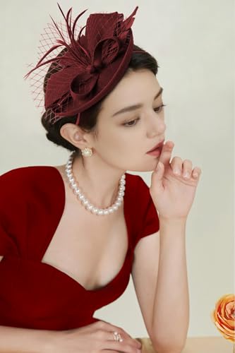 BABEYOND Fascinators Hats for Women Tea Party Pillbox Sinamay Derby Hat - color: Burgundy