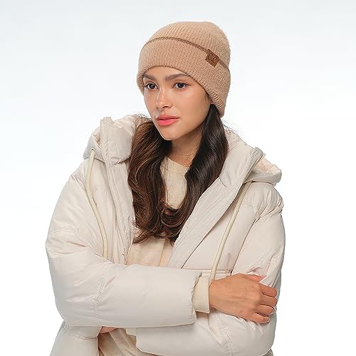 C.C Fuzzy Beanie for Women Unisex - Acrylic Stretchable Soft Warm Knit Winter Skully Hat - color: Feather Yarn-beige