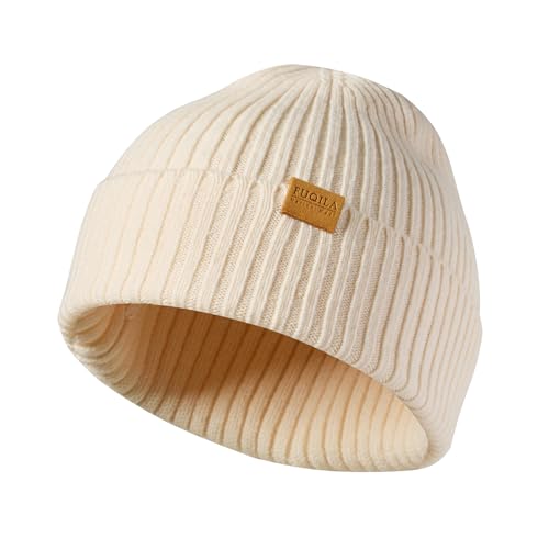 100% Merino Wool Cuff Beanie Hat, Unisex Warm Winter Caps Soft, Breathable & Cozy Stretchy Knitted Cuffed Cap - color: Beige