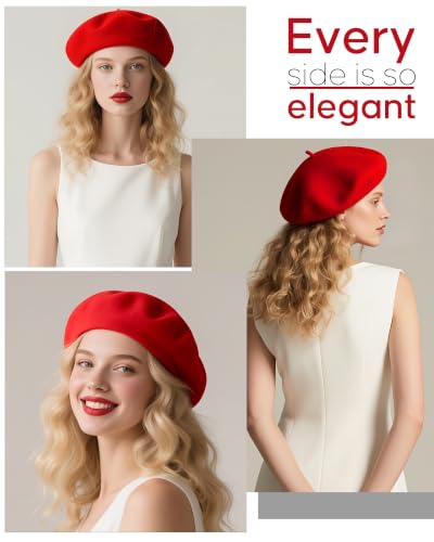 French Beret Hats for Women - Wool Solid Color Beanie Cap - color: Red