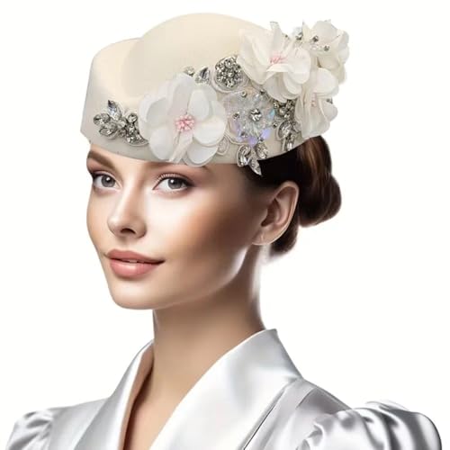 Womens Vintage Felt Church Fedora Hat Ladies Floral Derby Fascinator Wedding Tea Party Beret Cap Winter Pillbox Kentucky Hat - color: White