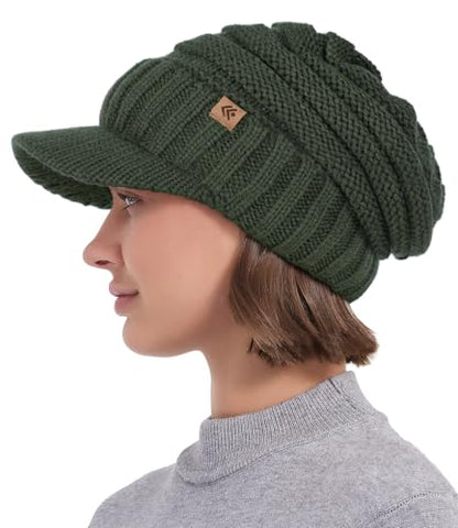 Women Men Winter Beanie Hat with Visor, Warm Fleece Lined Beanie Cap, Thick Knit Cap Slouchy Hat with Brim - color: Dark Green