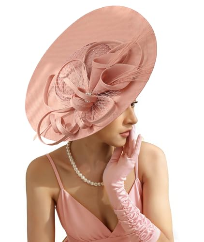 Unpifolov Fascinators Hats Elegant Women Flower Mesh Feathers Wedding Cocktail Bride Headband for Derby Hat Tea Party - color: Pink