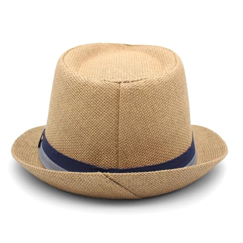 LIDHAY Short Brim Panama Hat Straw Fedora Hats for Men Women Summer Derby Trilby Hats Beach Sun Hat - color: Khaki