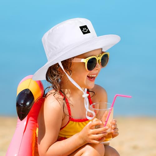 Baby Toddler Sun Hat,Kids Summer UPF 50+ Foldable Beach Bucket Hat for Boys Girls Children - color: White & Khaki 2pcs, size: 0-6 Months
