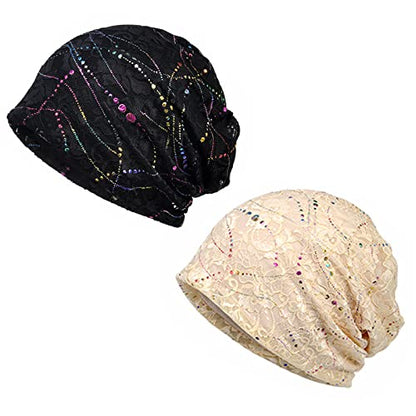 XYIYI Womens Chemo Headwear Hats Cotton Slouchy Beanie Cap Scarf - color: 2pcs Lace Black Beige-t