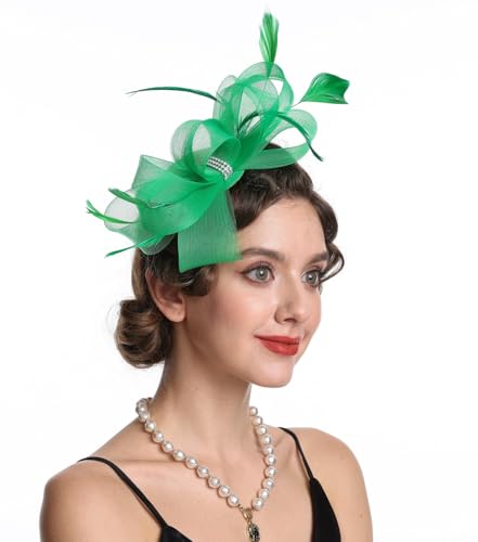 SAFERIN Elegant Women's Fascinator Hat with Veil and Feather Hair Clip Headpiece for Weddings Tea Party - color: St09-green