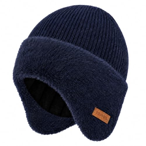 TOP-EX Waterproof Ear Flap Beanie, Big Head Fit, Polartec Fleece, Merino - color: Navy Blue, size: Medium-Large