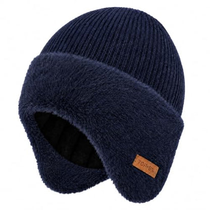TOP-EX Waterproof Ear Flap Beanie, Big Head Fit, Polartec Fleece, Merino - color: Navy Blue, size: Medium-Large