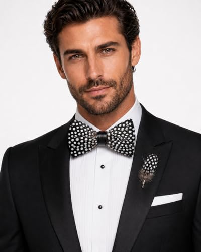 RBOCOTT Handmade Feather Pre-tied Bow tie and Brooch Sets for Men - color: Black/White-1