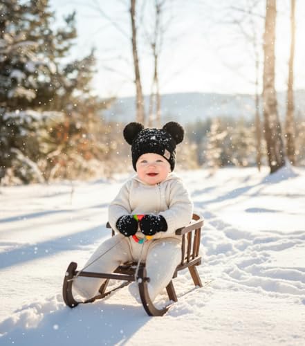 Funky Junque Baby Double Faux Fur Pom Pom Beanie & Mittens Set – Newborn Infant 0–9 Months Winter Hat with Soft Lined Mittens - color: Black (0-9 Months)