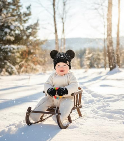 Funky Junque Baby Double Faux Fur Pom Pom Beanie & Mittens Set – Newborn Infant 0–9 Months Winter Hat with Soft Lined Mittens - color: Black (0-9 Months)