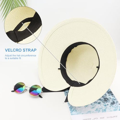 DRESHOW Sun Hats for Women Travel Fedora Foldable Beach Sun Hat Summer Wide Brim Straw Bucket Hat with Bowknot UPF 50+ - color: 1 Pack Bowknot Straw Hat: Ivory White