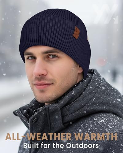 Fleece Lined Winter Beanie for Men Women Warm Windproof Beanies Hats Thick Knit Winter Hat for Cold Weather - color: Navy Blue