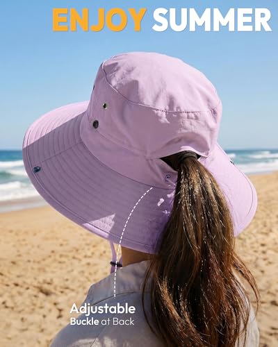 Women Sun Hat with Ponytail Hole Wide Brim Bucket Sun Protection for Summer - color: Light Purple