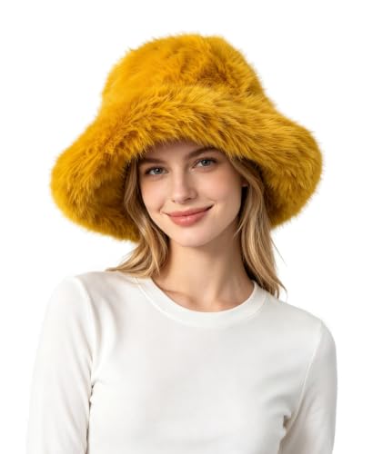 Lina & Lily Oversized Winter Faux Fur Bucket Hat for Women - Long Pile Fur Wide Moldable Brim - color: Mustard