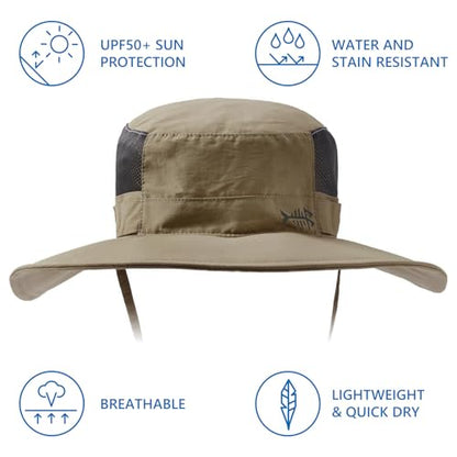BASSDASH UPF 50+ Fishing Sun Hat Water Resistant Unisex Wide Brim Bucket Boonie Hat for Hiking Camping Safari FH15 - color: Dark Khaki, size: Large