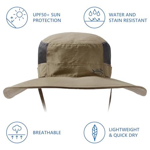 BASSDASH UPF 50+ Fishing Sun Hat Water Resistant Unisex Wide Brim Bucket Boonie Hat for Hiking Camping Safari FH15 - color: Dark Khaki, size: Medium