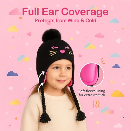 Toddler Girls Cat Ear Winter Hat Warm Knit Beanie Kids Earflap Cap for Cold Weather - color: Z - Pompom Style Hot Pink