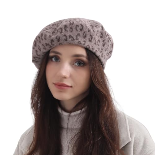 French Wool Beret Hats for Women Man - color: Leopard Print-khaki