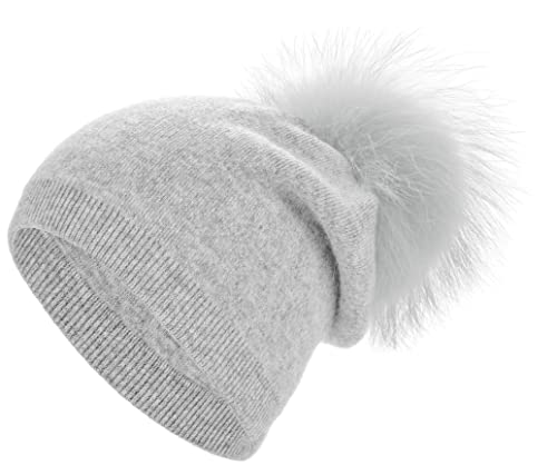 Women's Double Layer Winter Slouchy Knit Beanie Hat with Real Fur Pom Pom - color: Grey Pom 1