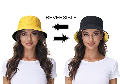 Women Reversible Bucket Hat, Summer Sun Hat for Women - color: Black- Yellow
