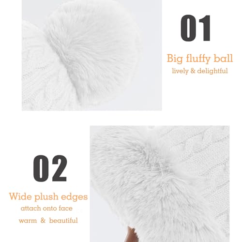Womens Faux Fur Hat with Fluffy Pompom for Winter Fuzzy Knitted Beanies Skull Cap Warm Earflaps Cold Weather Cute - color: White