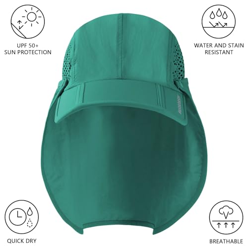 BASSDASH UPF 50+ Fishing Hat, Baseball Cap with Removable Neck Flap - color: Aqua Green With Foldable Brim