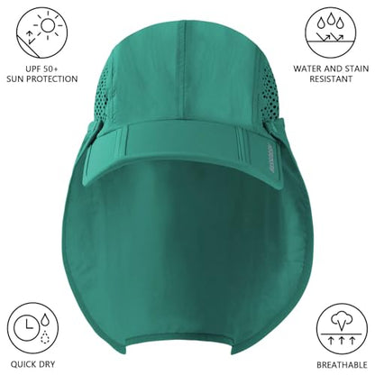 BASSDASH UPF 50+ Fishing Hat, Baseball Cap with Removable Neck Flap - color: Aqua Green With Foldable Brim