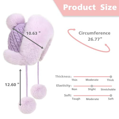 Winter Hats Cute Kint Hat Russian Fur Crochet Hat Slouchy Beanies with Pompom Warm Fuzzy Snow Cap Trapper Hat for Women - color: Light Purple