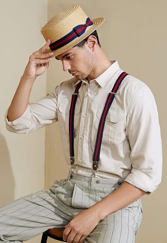 BABEYOND Men's Straw Boater Hat, 1920s Gatsby Summer Costume Accessory - color: Blue Red, size: Large-X-Large