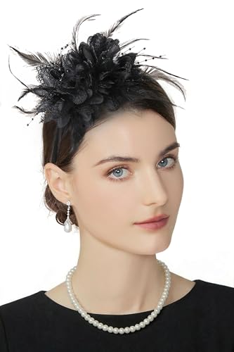 BABEYOND Flower Feather Beads Fascinator Headband for Women Derby Headpiece - color: Black