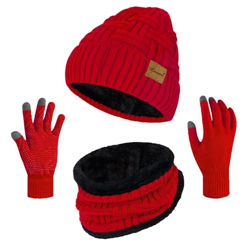Loritta 3-Pieces Winter Hats for Women Warm Scarf Touchscreen Gloves - color: Red