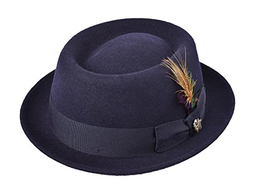 Bigalli Porkpie Stingy Trilby Wool Felt Hat Fedora for Men. Matching Grosgrain Ribbon - color: Navy, size: Large