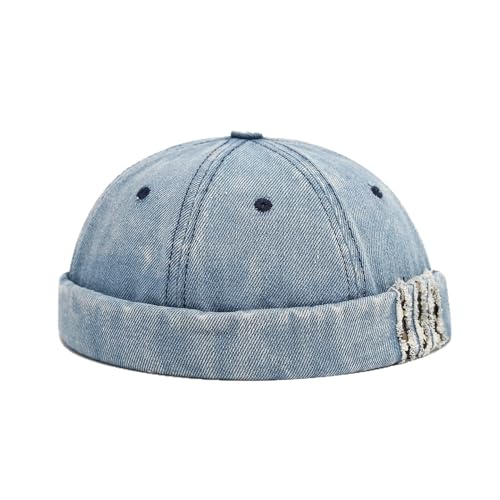 Unisex Washed Denim Distressed Rolled Cuff Brimless Docker Cap - color: Blue