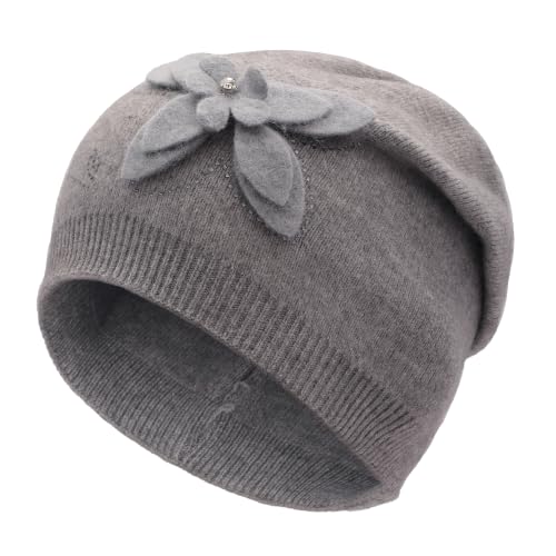 ZLYC Women Floral Slouchy Beanie Hat Double Layer Winter Knit Skull Cap - color: Butterfly Gray