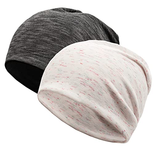 EMPIRELION 9" Women Lightweight Beanies Hats, Thin Sports Running Skull Cap Chemo Headwear Sleep Caps - color: Color Yarn + Black White Stripe