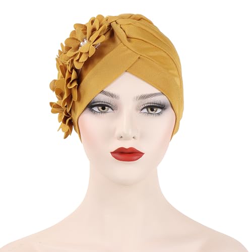 Flower Pre-Tied Turban Beanie, Soft Chemo Cap for Women Cancer Hair Loss - color: Yellow