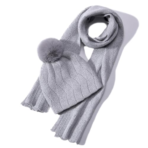 Knit Hat Scarf Set with Detachable Pom Pom, Wool Blend Winter Beanie & Long Scarf, Cold Weather Accessories for Women - color: Grey