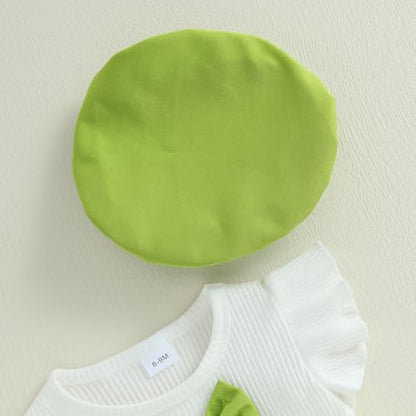 Baby Girls Fly Sleeve 3D Bow Rib Knit Shirt + Irregular Skorts + Beret Hat - color: Green, size: 12-18 Months