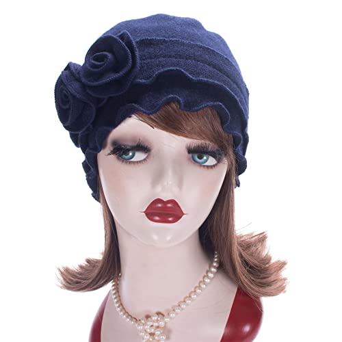Womens Gatsby 1920s Winter Wool Cap Beret Beanie Crochet Bucket Flower Hat A285 - color: Navy Blue