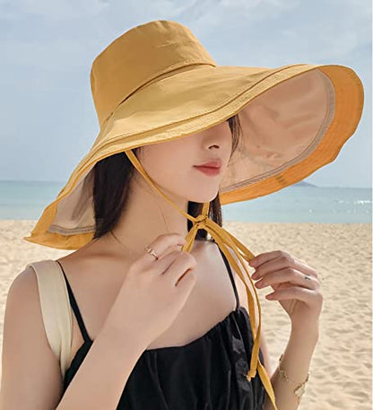 HUAMULAN Women Summer Vacation Wide Brim Sun Hat Reversible Fishing Hats - color: Yellowbeige